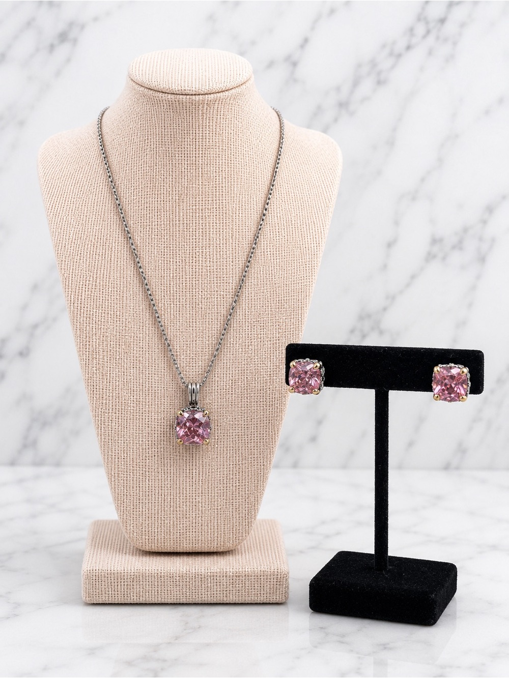 18K Gold Filled Two Tone Necklace 16-20” + Matching CZ Earrings Set | NWOT